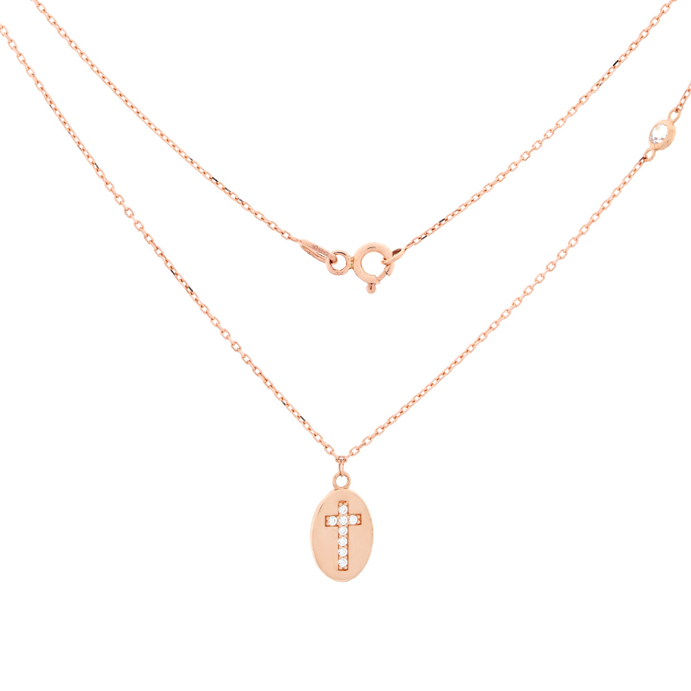 Kette und Kreuzanhänger mit Zirkonia aus 585 Rotgold