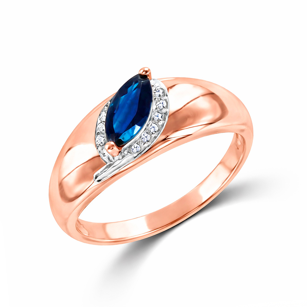 Atemberaubender Damenring, Rotgold 585, mit 12 Brillanten 0,037 ct. WSI und Saphir ca. 8x4 mm, Breite ca. 8,2 mm