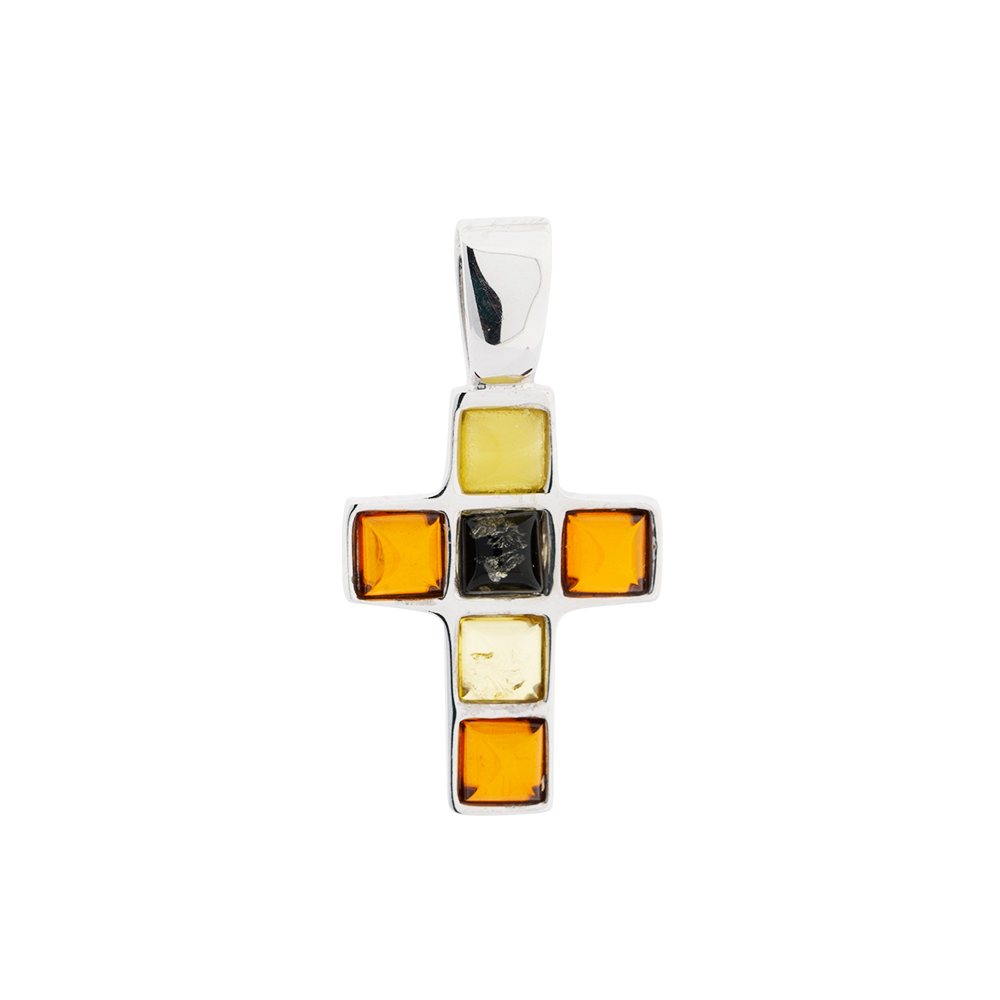 Kreuz Anhänger aus 925 Silber mit Bernstein