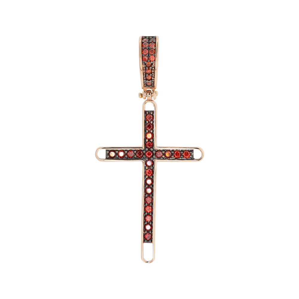 Anhänger Kreuz aus 585 Rotgold mit roten Zirkonia
