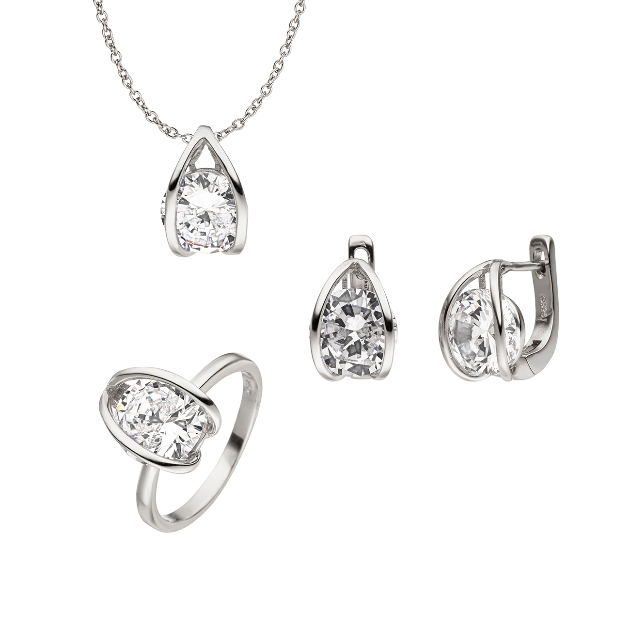 Set "Coco" 925 Silber mit grosem Zirkonia Stein brillantschliff in Weiß Anhänger Ohrringe Ring