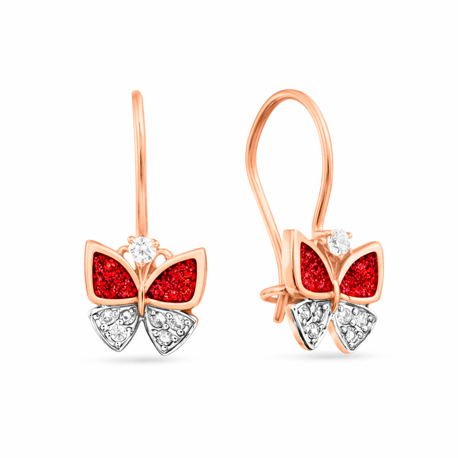 Kinderohrringe Schmetterling aus 585 Rotgold mit Zirkonia und roter Emaille