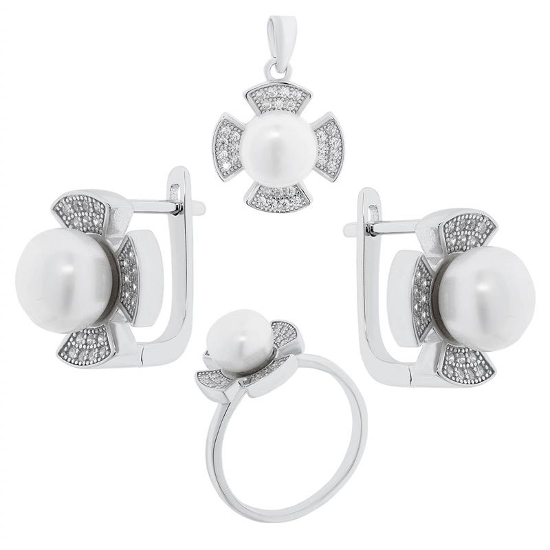 Schmuckset aus 925 Silber mit Perlen: Ohrringe + Anhänger + Damenring