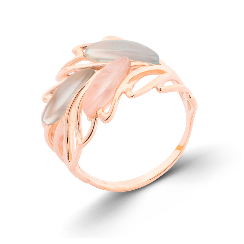 Blattförmiger Damenring aus 925 Silber mit Aqua Achat und Quarz, rosévergoldet