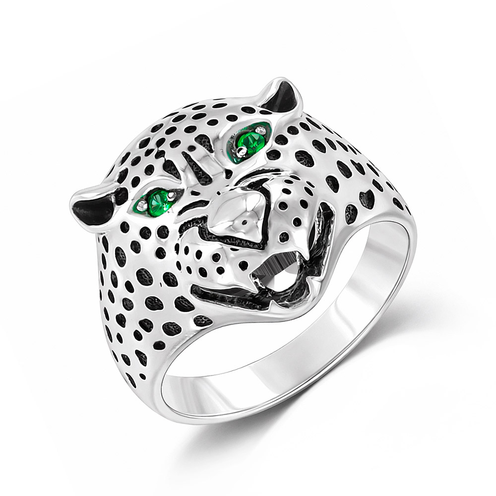 Erstaunlicher Herrenring mit Leopardengesicht, Silber 925, mit 2 grünen Zirkonia