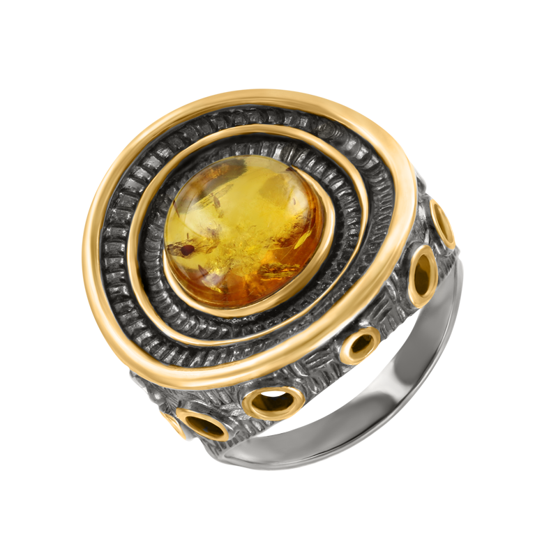 Außergewöhnlicher Damenring in Silber 925, vergoldet 999 und rhodiniert, mit Bernstein