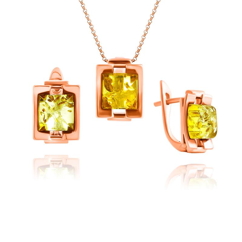 Schmuckset aus 925 Silber vergoldet mit Bernstein im Quadratdesign