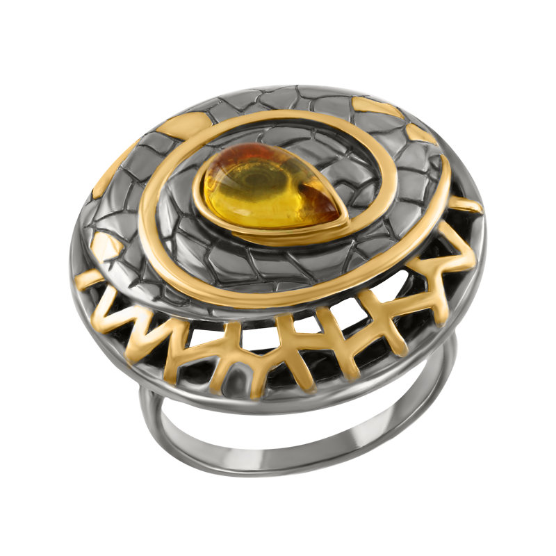 Auffälliger Damenring aus Silber 925, vergoldet, rhodiniert, mit Bernstein