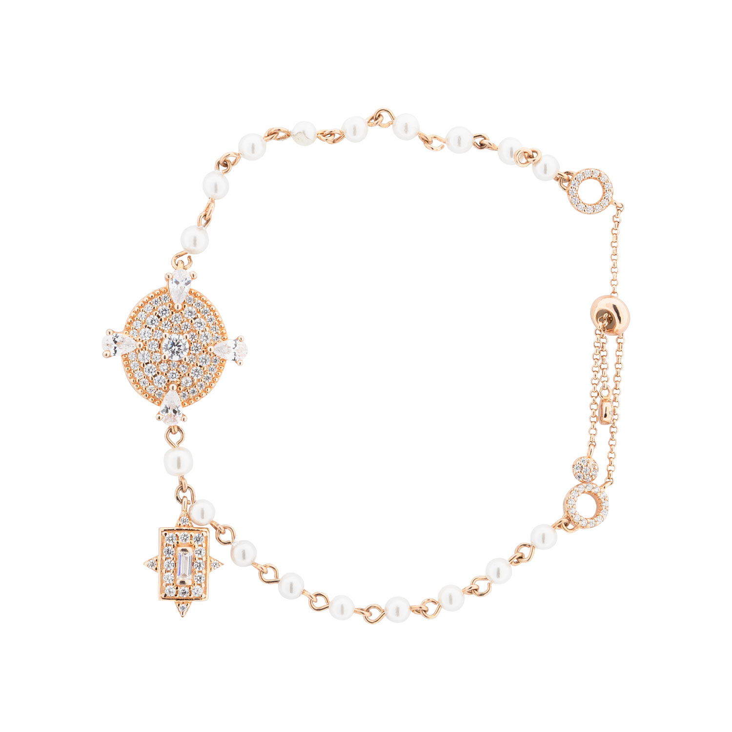 Armband aus vergoldetem 925 Silber mit 2 Anhängern, Perlen und Zirkonia