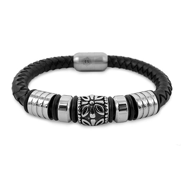 Schönes Armband aus schwarzem Leder mit Edelstahl-Metalleinsätzen, Magnetverschluss, Länge ca. 20,5 cm, Breite ca. 14 mm