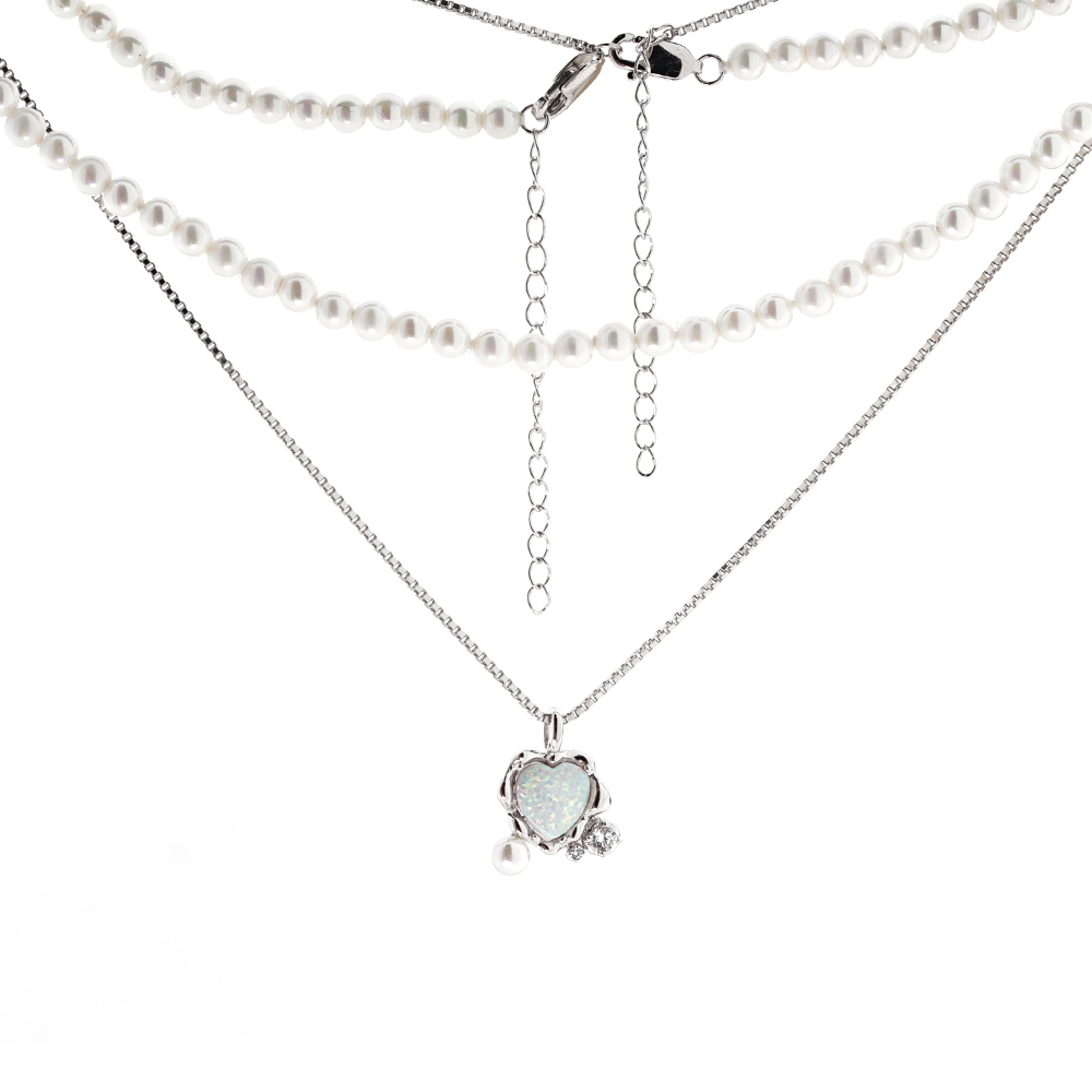 Mehrreihige Halskette aus 925 Silber mit Herzanhänger, Perlen und Opal