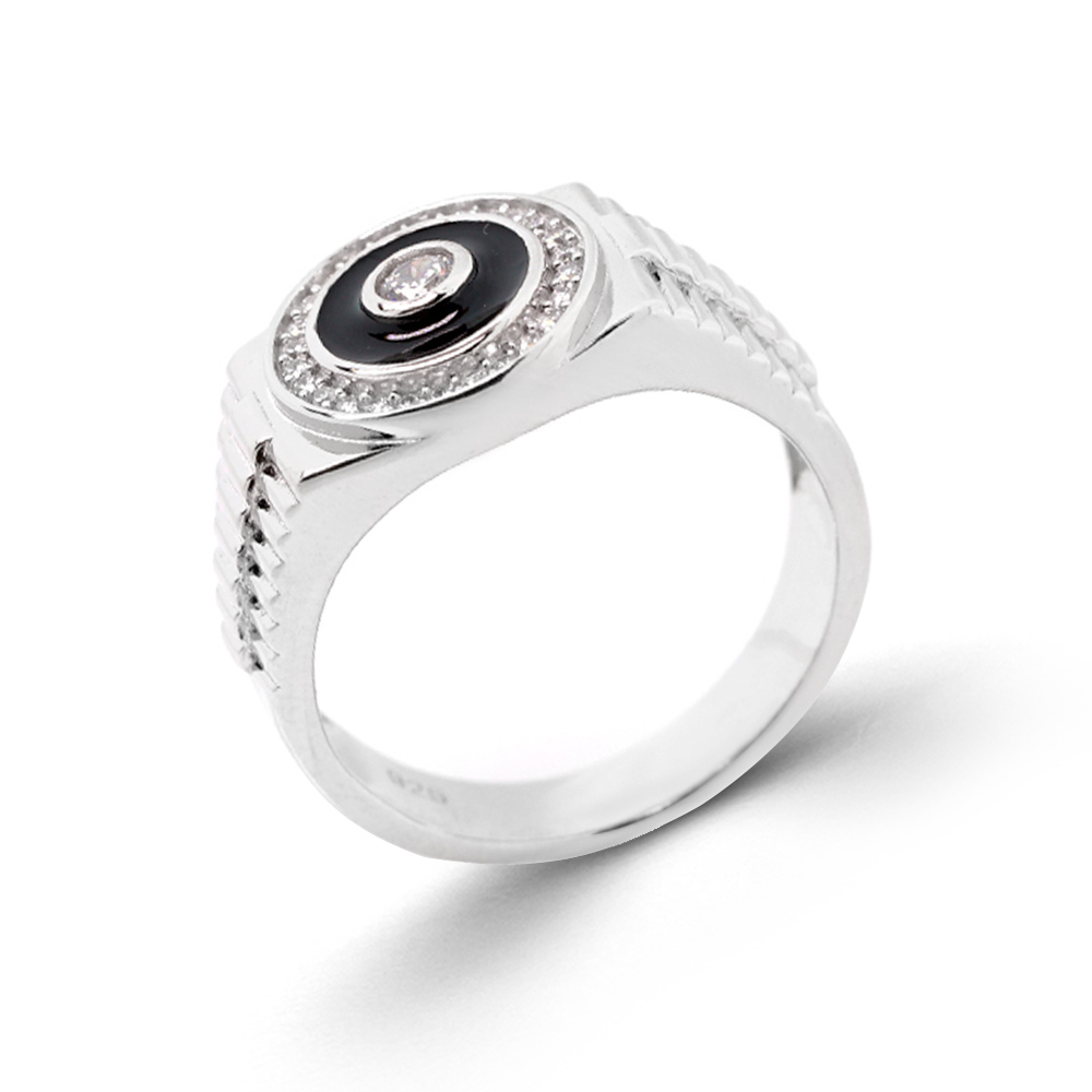 Runder Herrenring aus 925 Silber mit schwarzer Emaille und Zirkonia