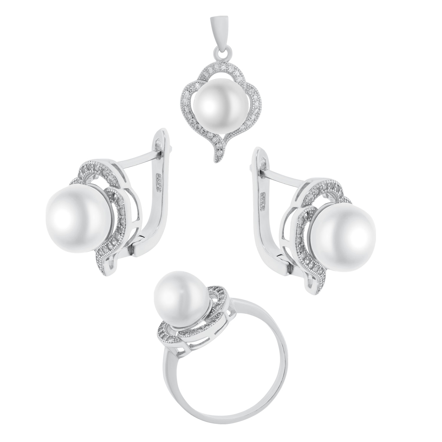 Schmuckset aus 925 Silber mit Perlen – Ohrringe, Anhänger und Damenring