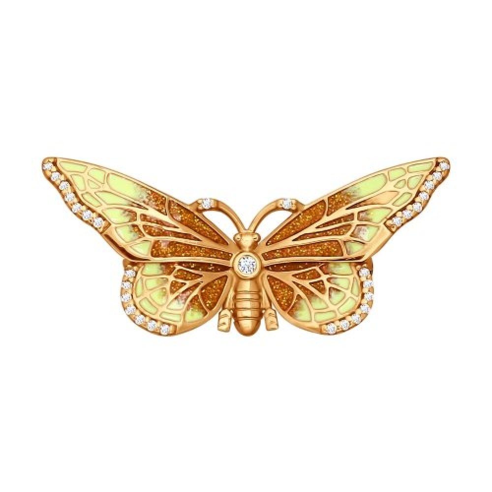 Brosche „Goldener Schmetterling“ – Vergoldetes 925 Silber mit Zirkonia und Emaille, 39 mm
