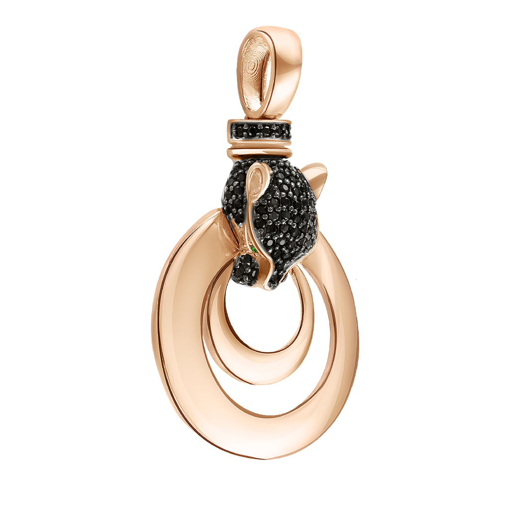 Einzigartiger Anhänger mit Leopardenkopf, Russisches Rotgold 585, mit schwarzen und grünen Zirkonia, Ringdurchmesser ca. 23 mm, Höhe ca. 38 mm