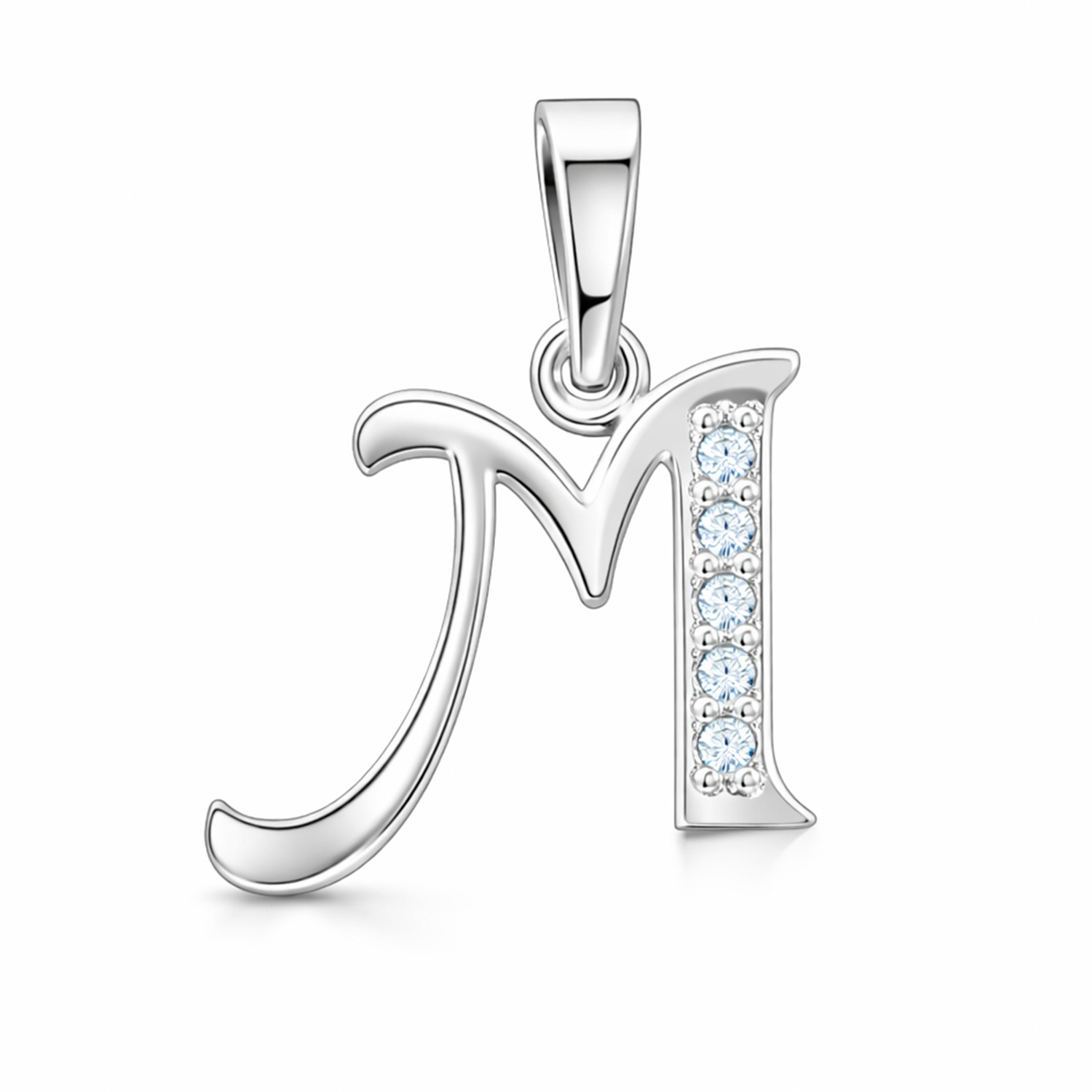 Buchstaben Anhänger „M“ aus 925er Silber mit funkelnden Zirkonia, Höhe ca. 21 mm