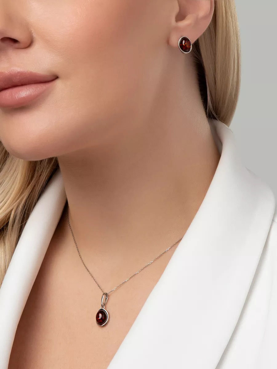 Schmuck-Set: Ohrringe & Schmuckanhänger aus 925 Sterlingsilber mit Bernsteinen