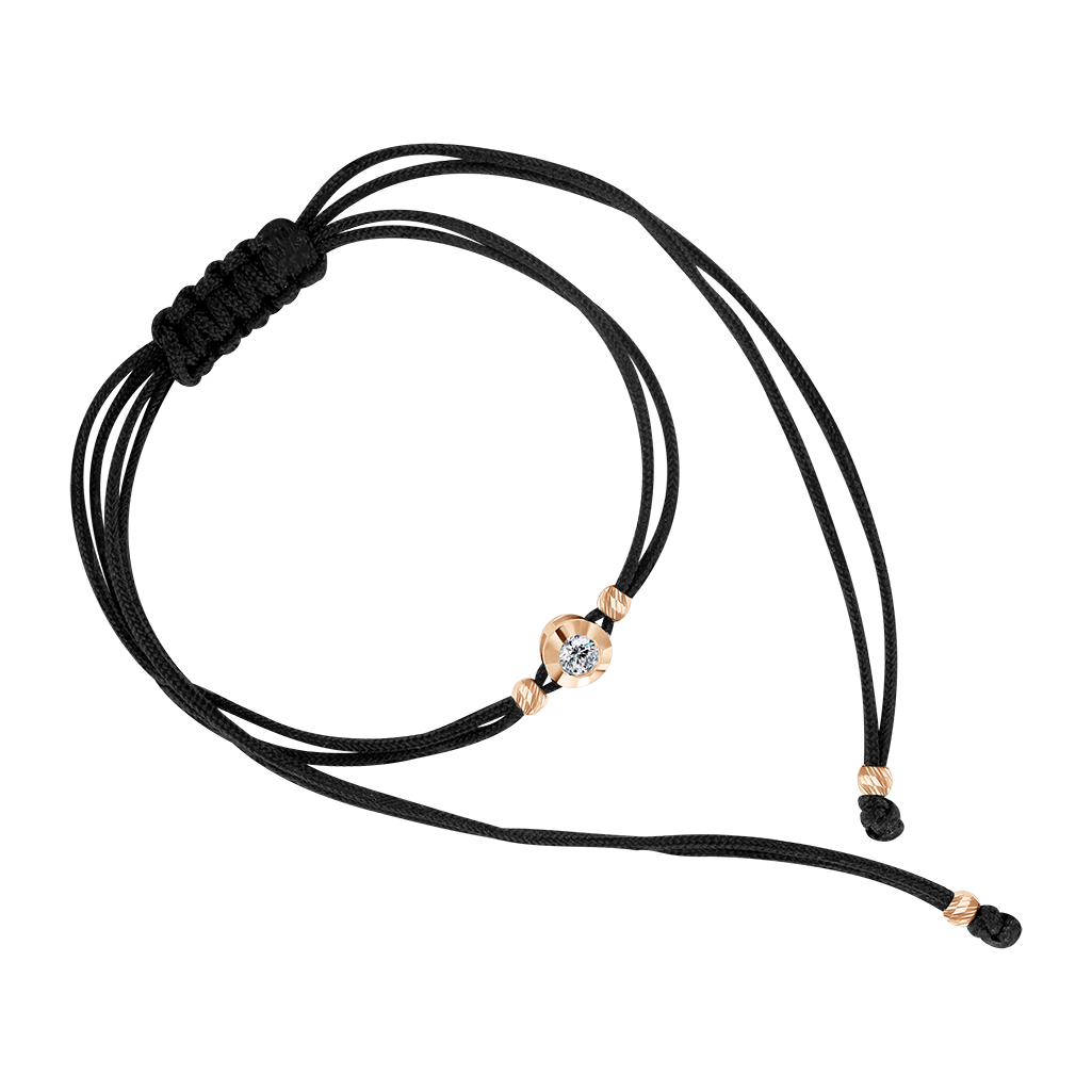 Armband „Schwarzer Faden“, Russisches Rotgold 585, mit Zirkonia, Durchmesser ca. 5 mm, schwarze Schnur, Länge ca. 22 cm