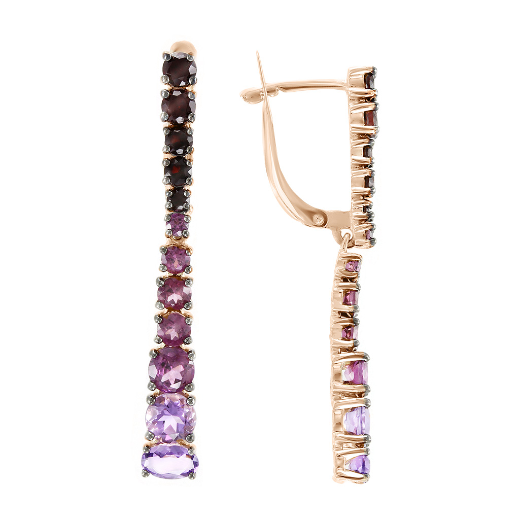 Charmante Ohrhänger aus Rotgold 585 mit Granat, Rhodolith und Amethyst, Höhe ca. 54 mm