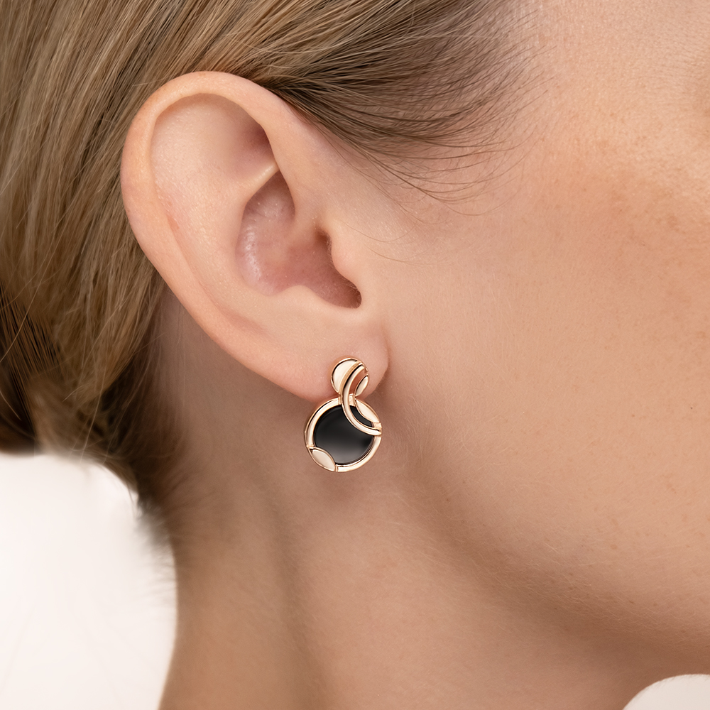 Auffällige Ohrringe aus Rotgold 585 mit schwarzem Onix, Höhe ca. 20 mm