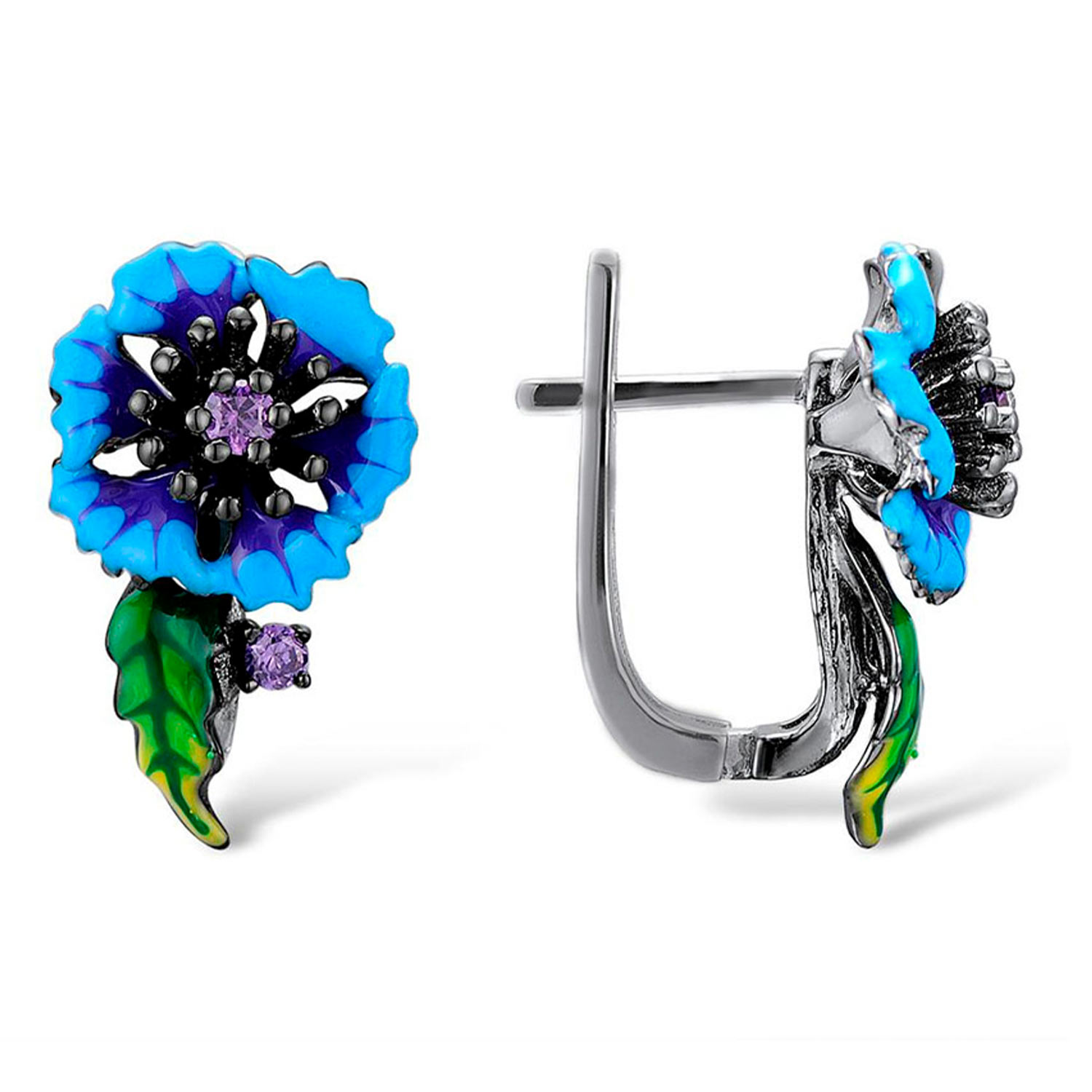 Blumen Ohrringe aus 925 Silber mit lila Zirkonia und Emaille