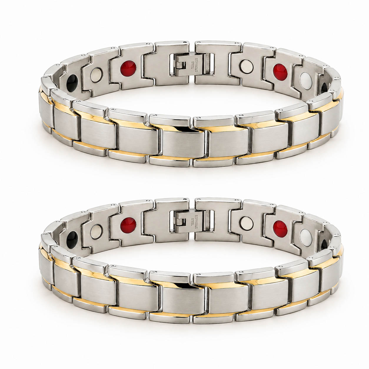 1+1 Set: 2 x Vivalette Bioenergetisches Magnetarmband aus Edelstahl mit 18K Goldakzenten