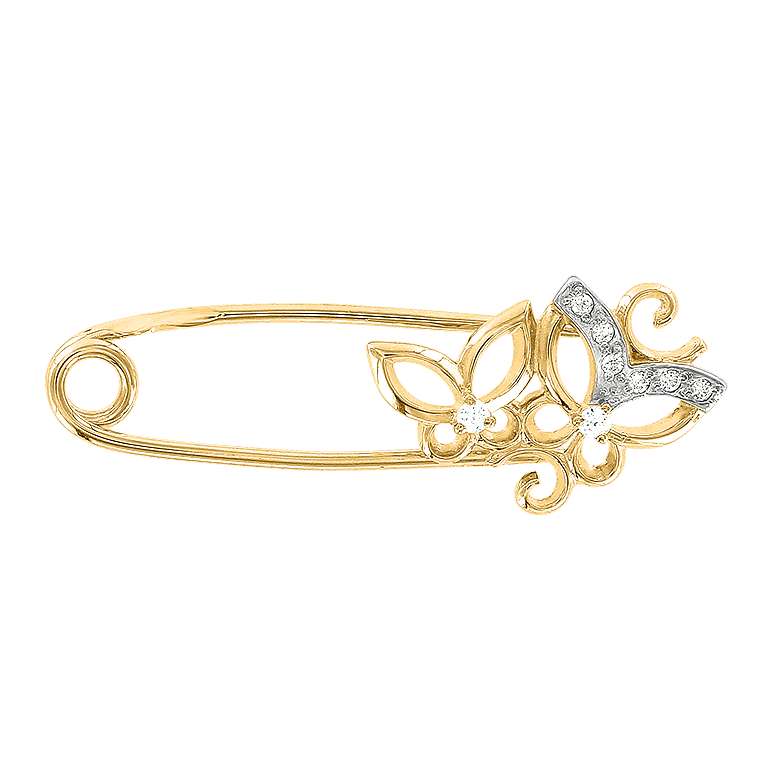 Brosche als Anstecknadel mit Schmetterling, Gelbgold 585, mit Zirkonia, Länge ca. 28 mm