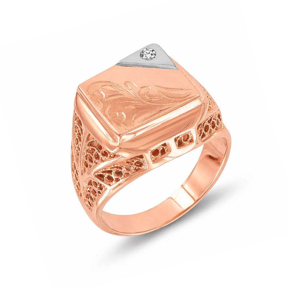 Ausgesuchter Herrenring, Rotgold 585, mit Zirkonia, Gewicht ca. 9,0 g.