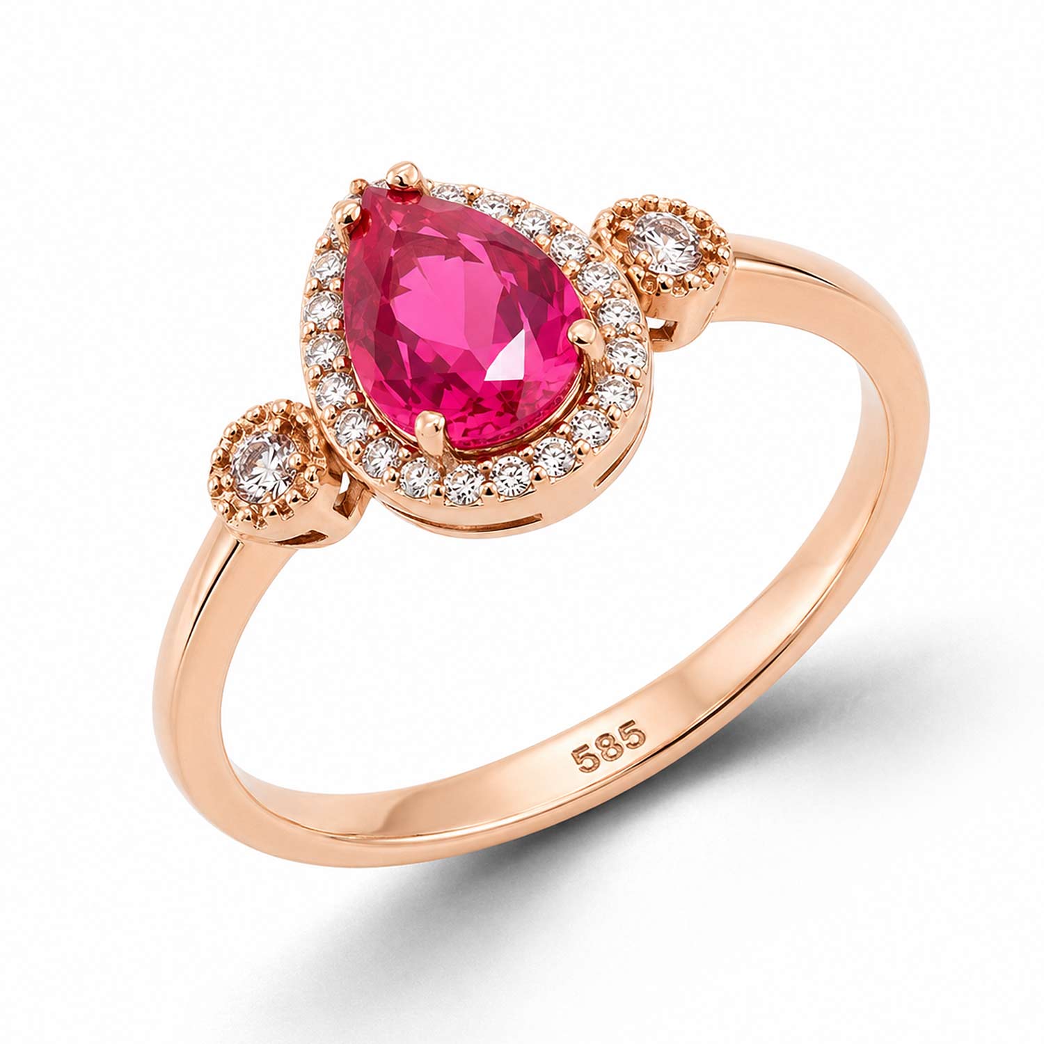 Damenring aus 585 Rotgold mit rotem Rubin und farblosen Zirkonia