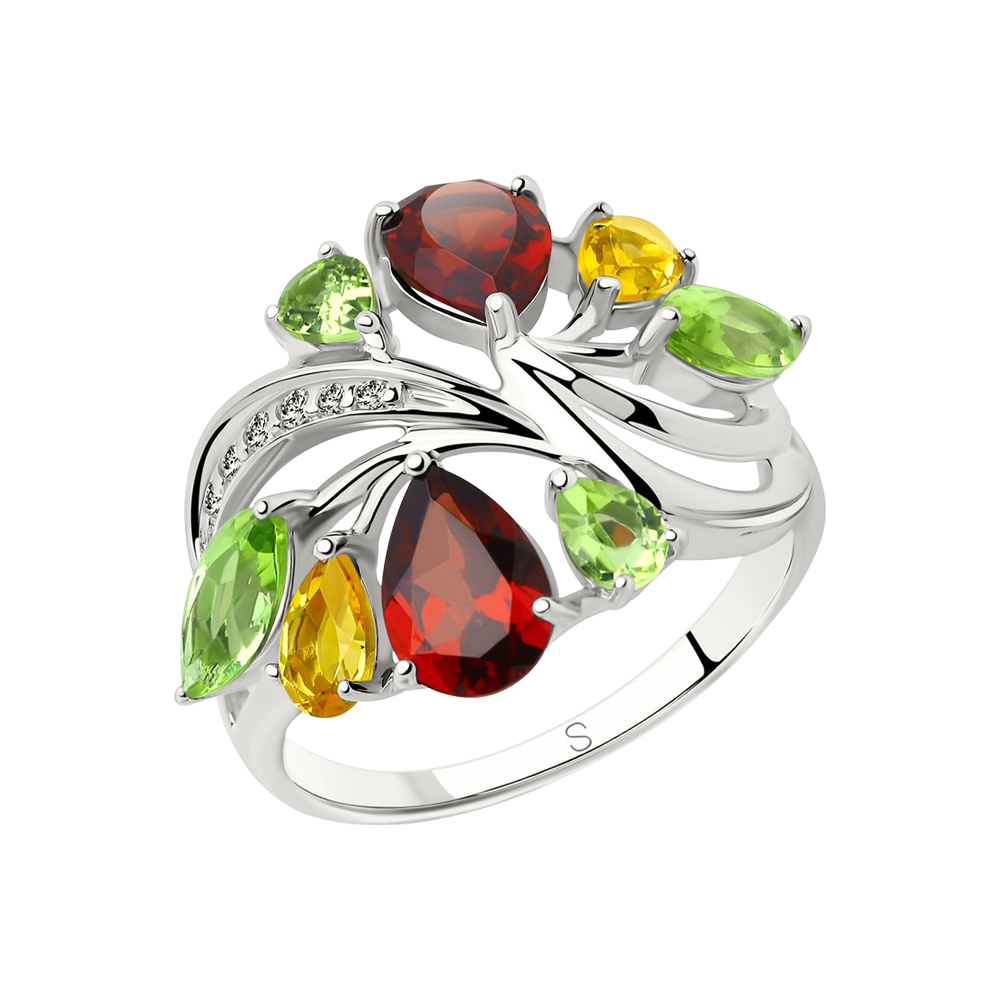 Auffallender Damenring 925 Silber, Granat, Chrysolith, Zitrin und Zirkonia