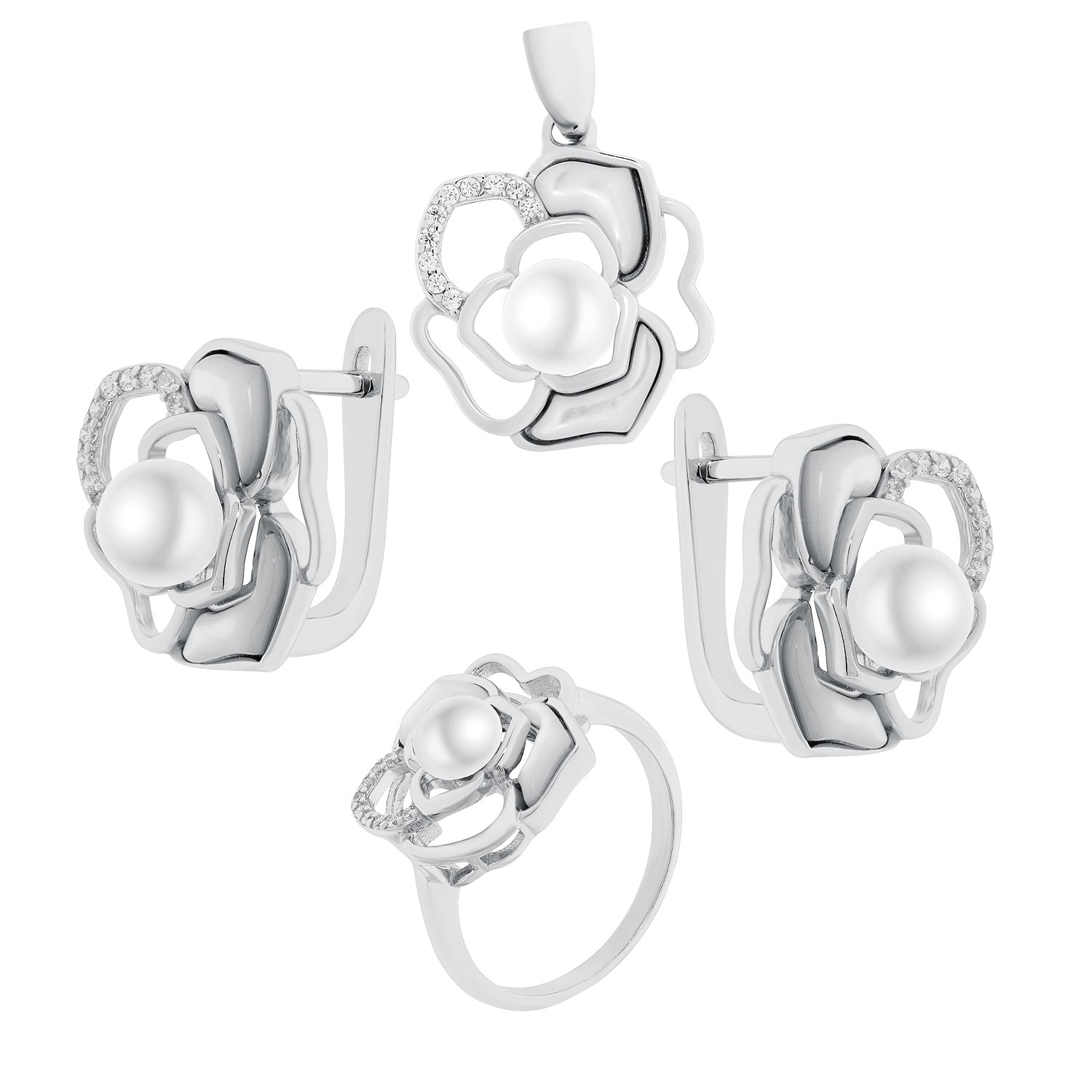 Schmuckset aus 925 Silber mit Perlen: Ohrringe + Anhänger + Damenring