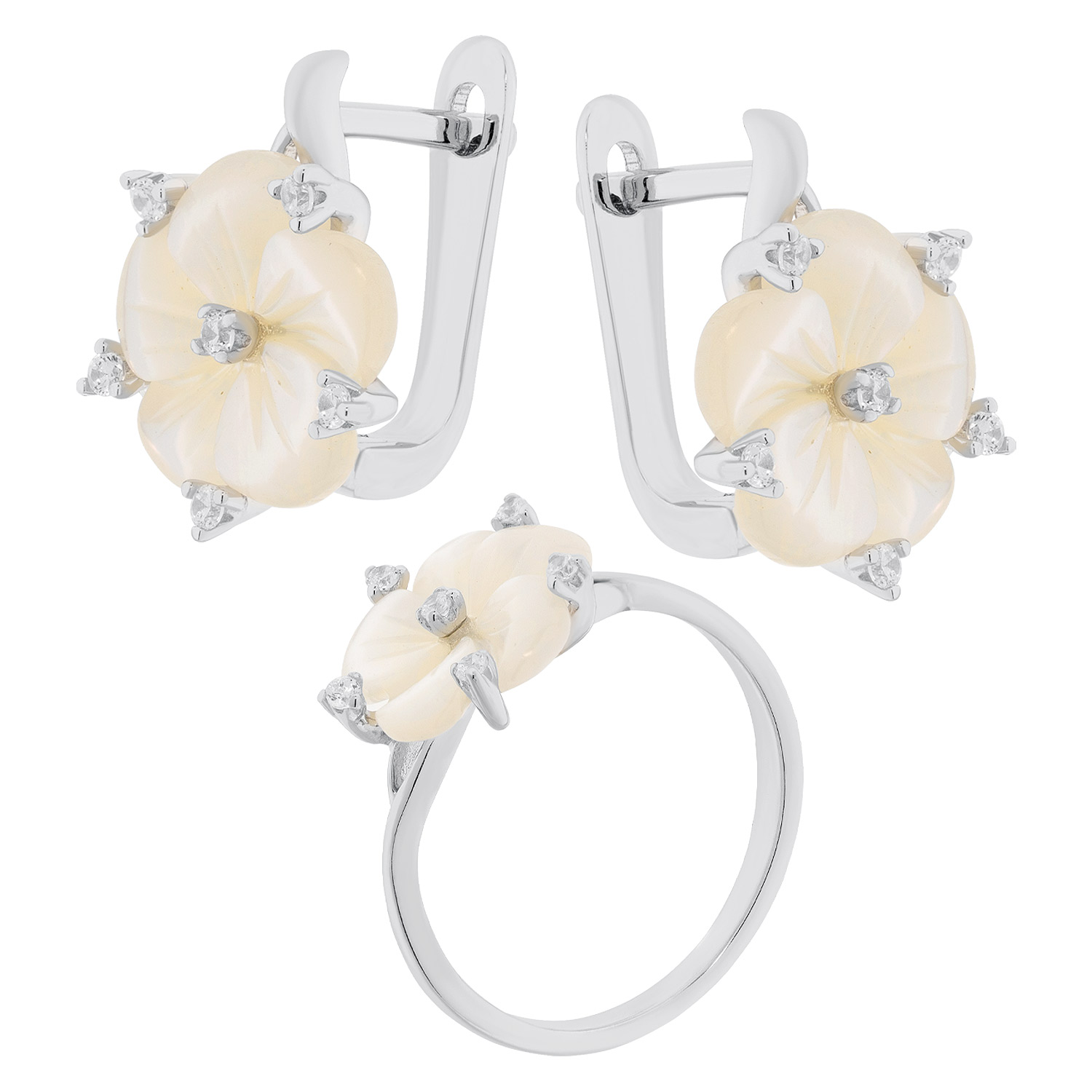 Schmuckset aus 925 Silber mit weißem Perlmutt: Ohrringe + Damenring