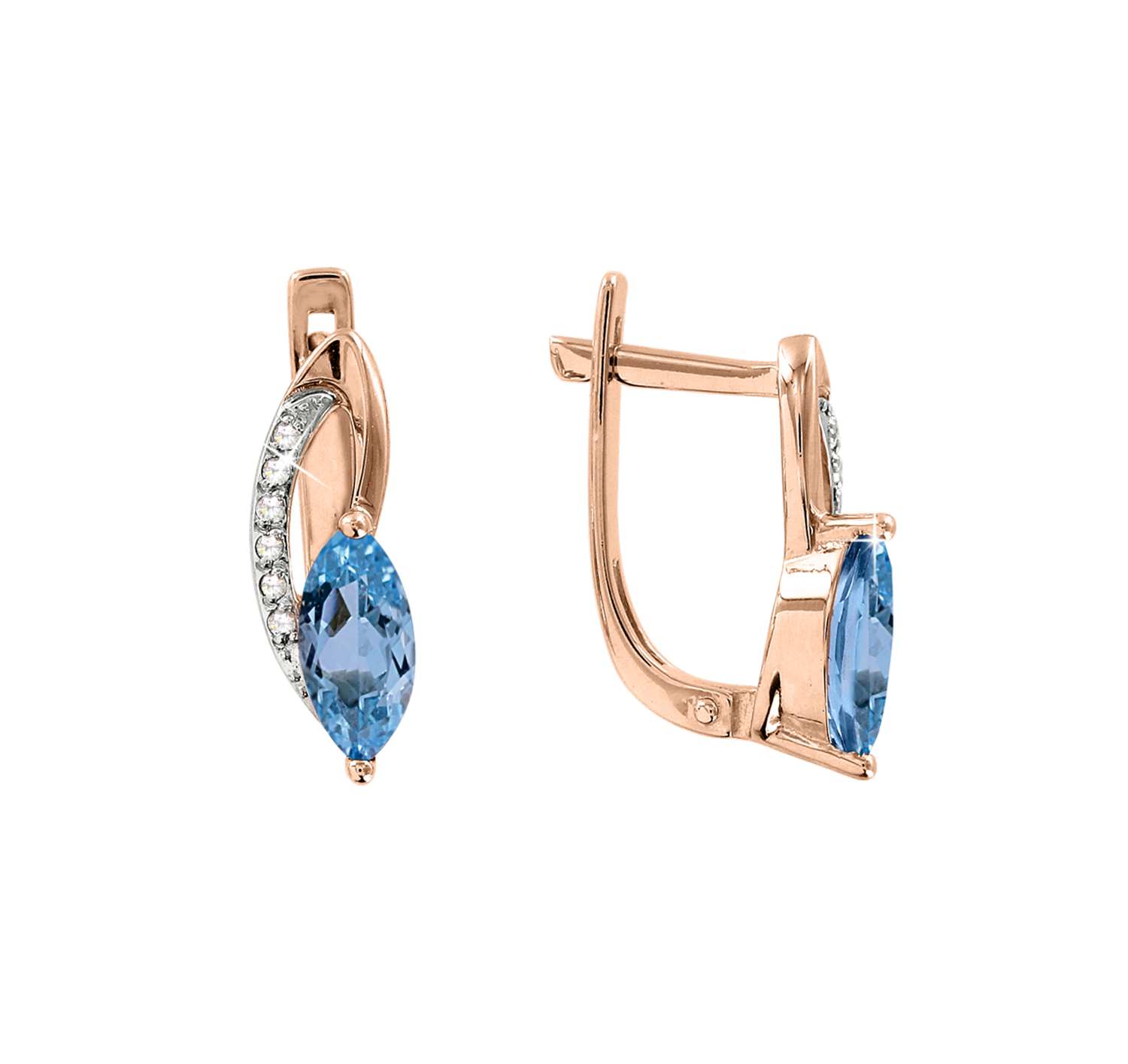 Charmante Ohrhänger, Rotgold 585, mit blauem Topas und Brillanten 0,0347 ct. WSI, Höhe ca. 14 mm