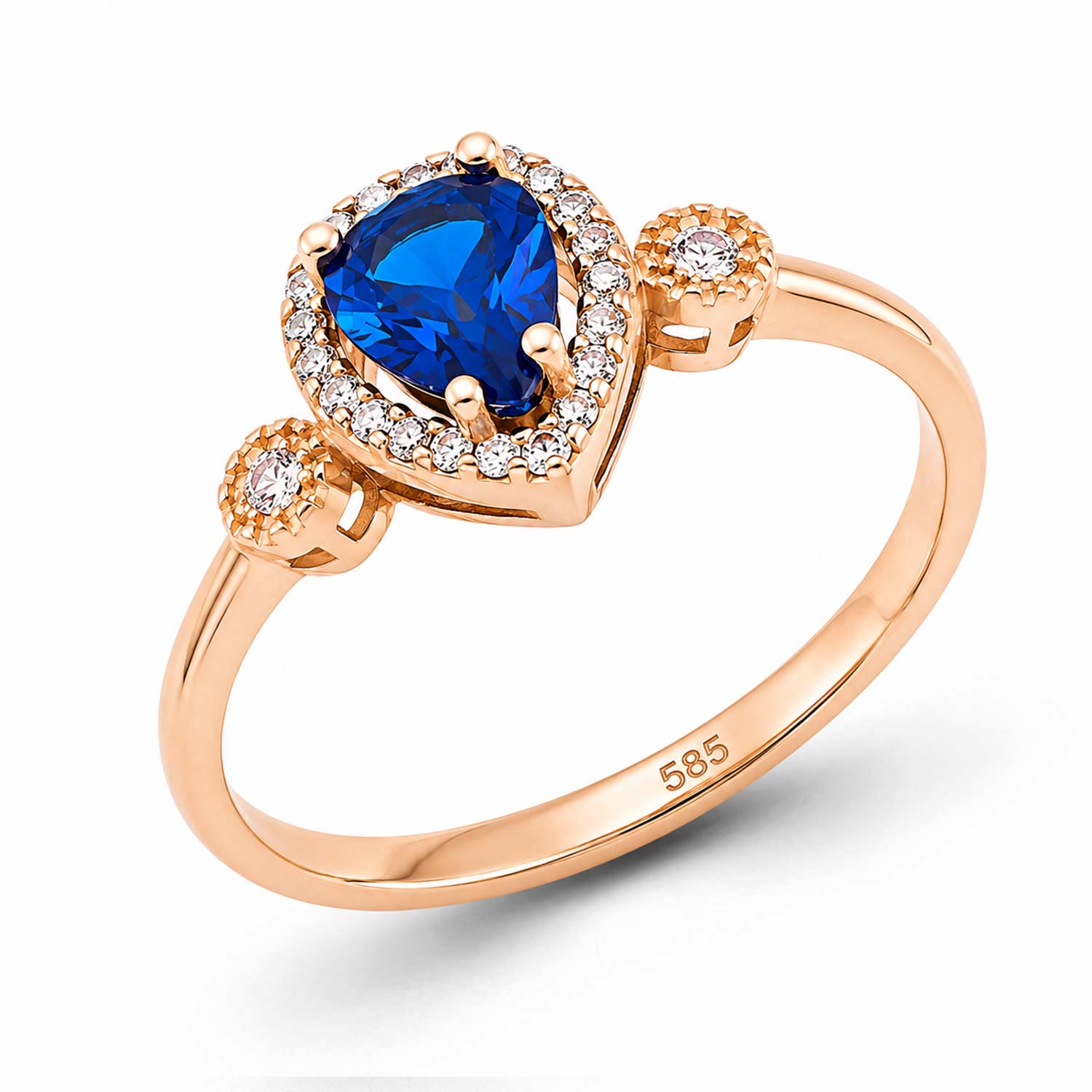 Damenring aus 585 Rotgold mit blauem Saphir und farblosen Zirkonia