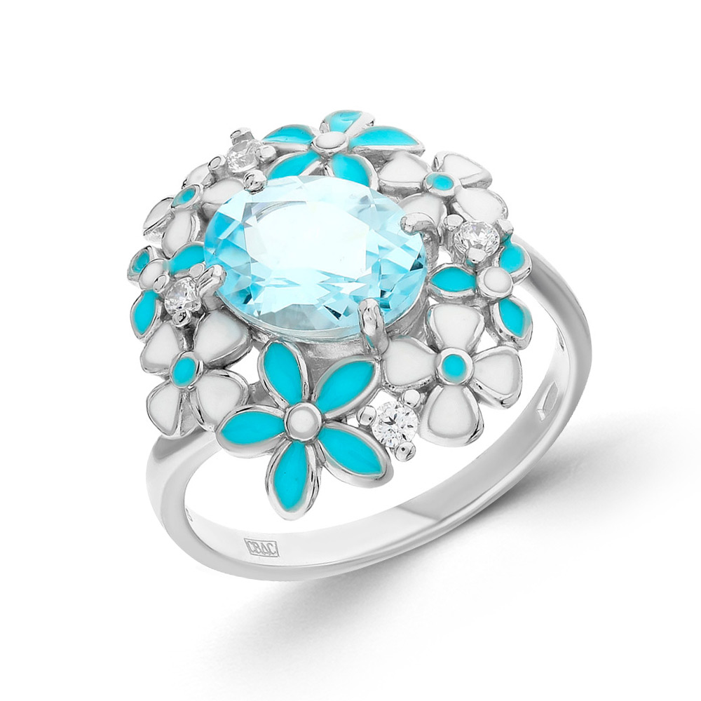 Sokolov Damenring aus 925 Silber mit blauem Topas, Zirkonia und Emaille