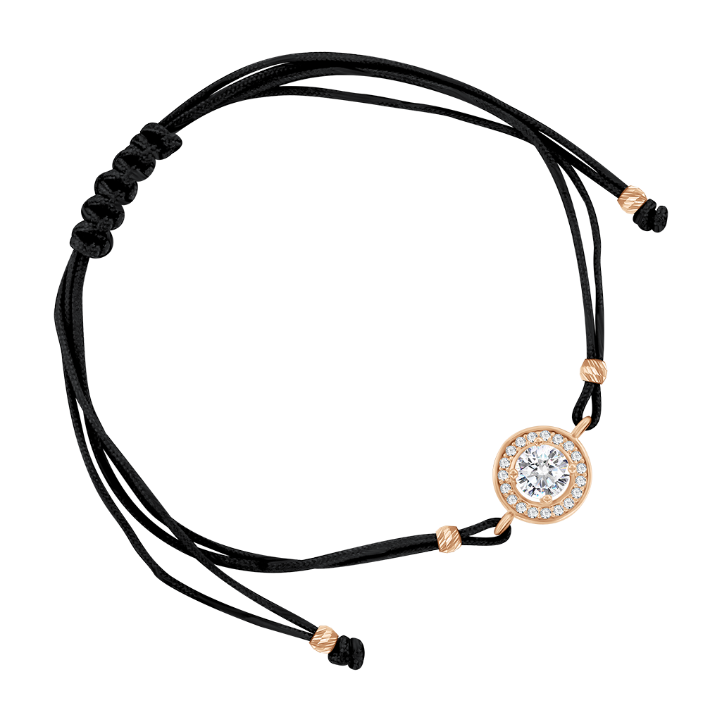 Armband „Schwarzer Faden“, Rotgold 585, mit Zirkonia - Durchmesser ca. 5-9 mm, schwarze Schnur, Länge ca. 22 cm