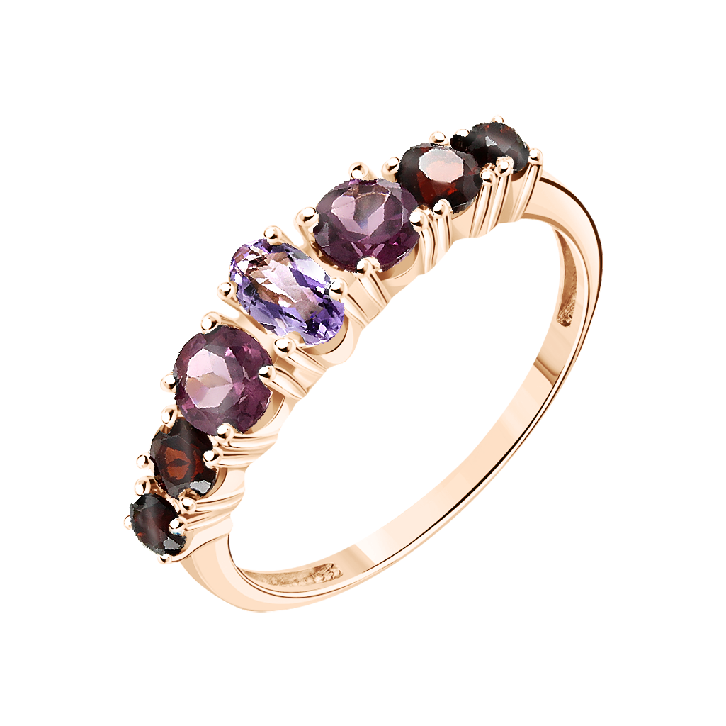 Bezaubernder Damenring, Russisches Rotgold 585, mit 4 Granaten, 2 Rhodoliten und 1 Amethyst - Größe ca. 5x3 mm