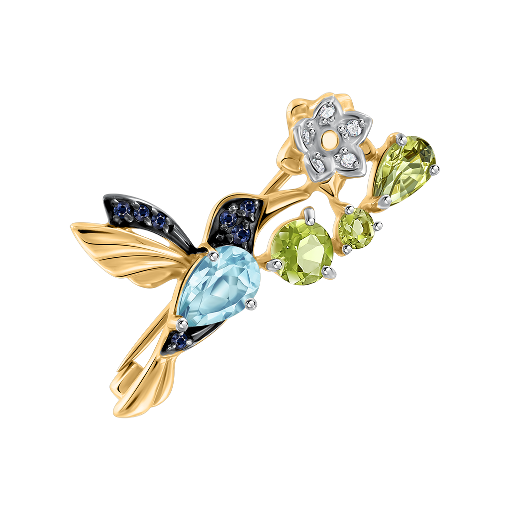 Brosche aus Gelbgold 585, mit Topas, Chrysolith und Zirkonia, Länge ca. 25 mm