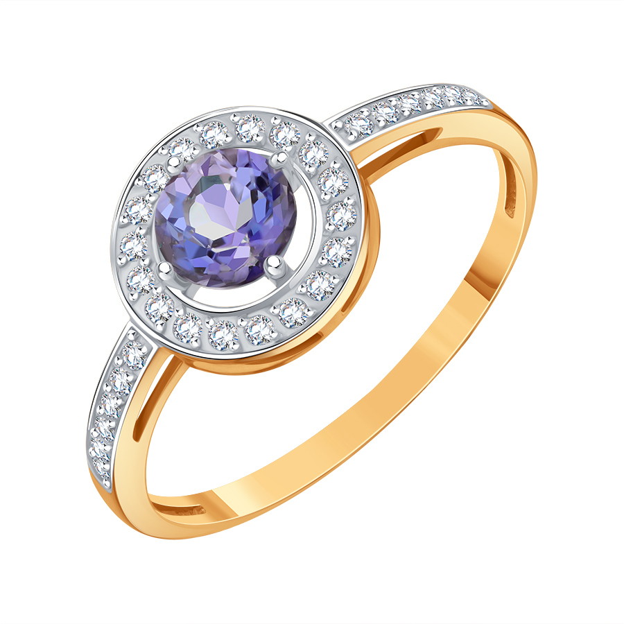 Damenring, Russisches Rotgold 585, mit Amethyst - Durchmesser ca. 6 mm, mit Zirkonia, Durchmesser des Ringkopfs ca. 10 mm