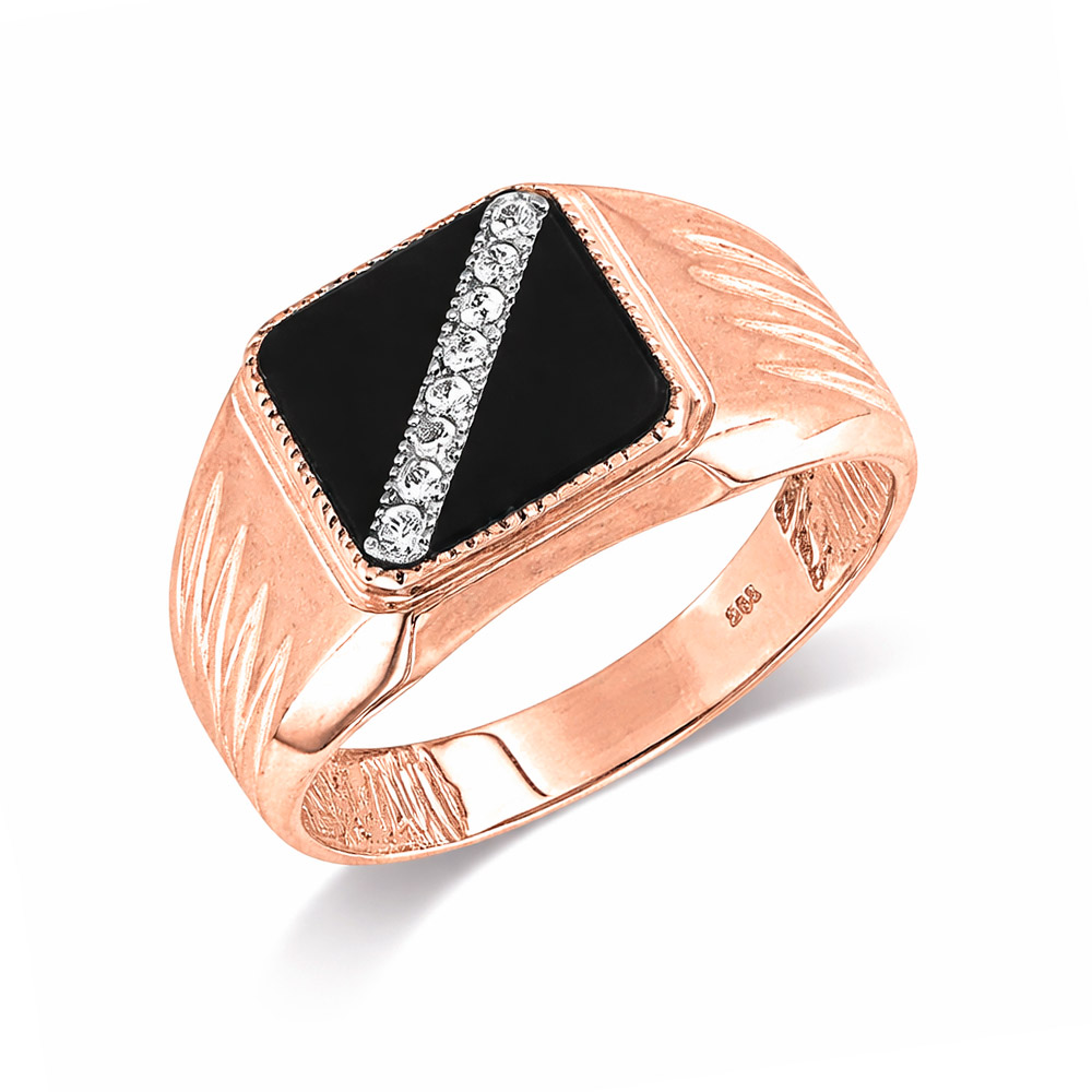 Ansprechender Herrenring, Rotgold 585, mit Onix und Zirkonia, Gewicht ca. 7,2 g