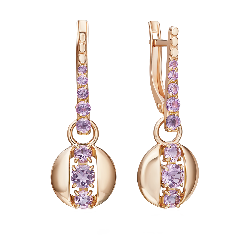 Charmante Ohrhänger aus russischem Rotgold 585 mit insgesamt 8 Amethyst-Steinen pro Ohrring, Durchmesser des Anhängers ca. 10 mm, Höhe ca. 32 mm