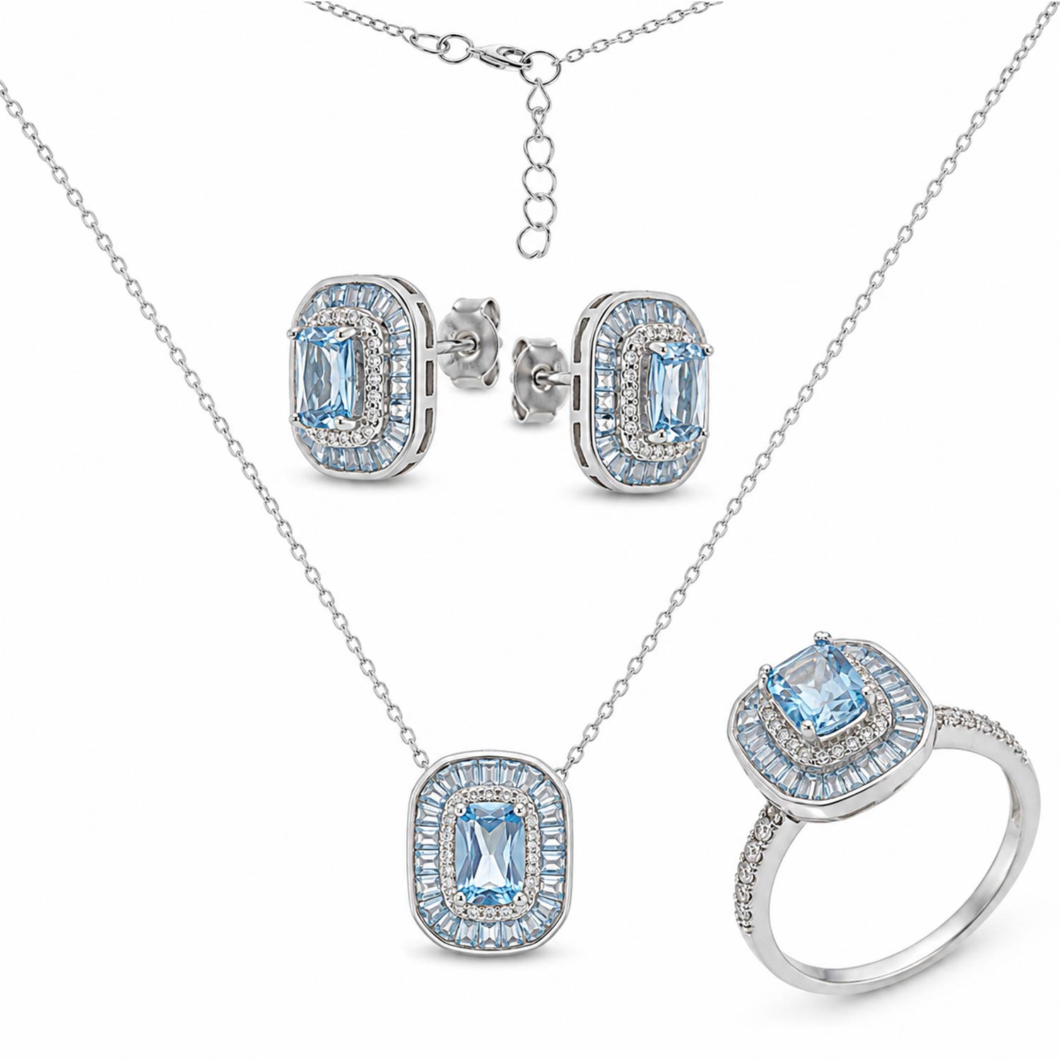 Schmuckset aus 925 Silber mit Zirkonia: Ohrstecker +Kette mit Anhänger +Ring