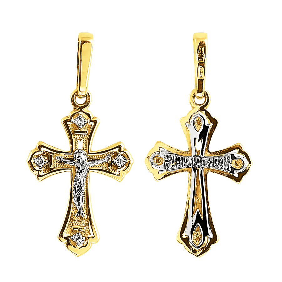 Anhänger-Kreuz aus Gelbgold 585, mit 4 Zirkonia und Gravur, Höhe ca. 18,8 mm