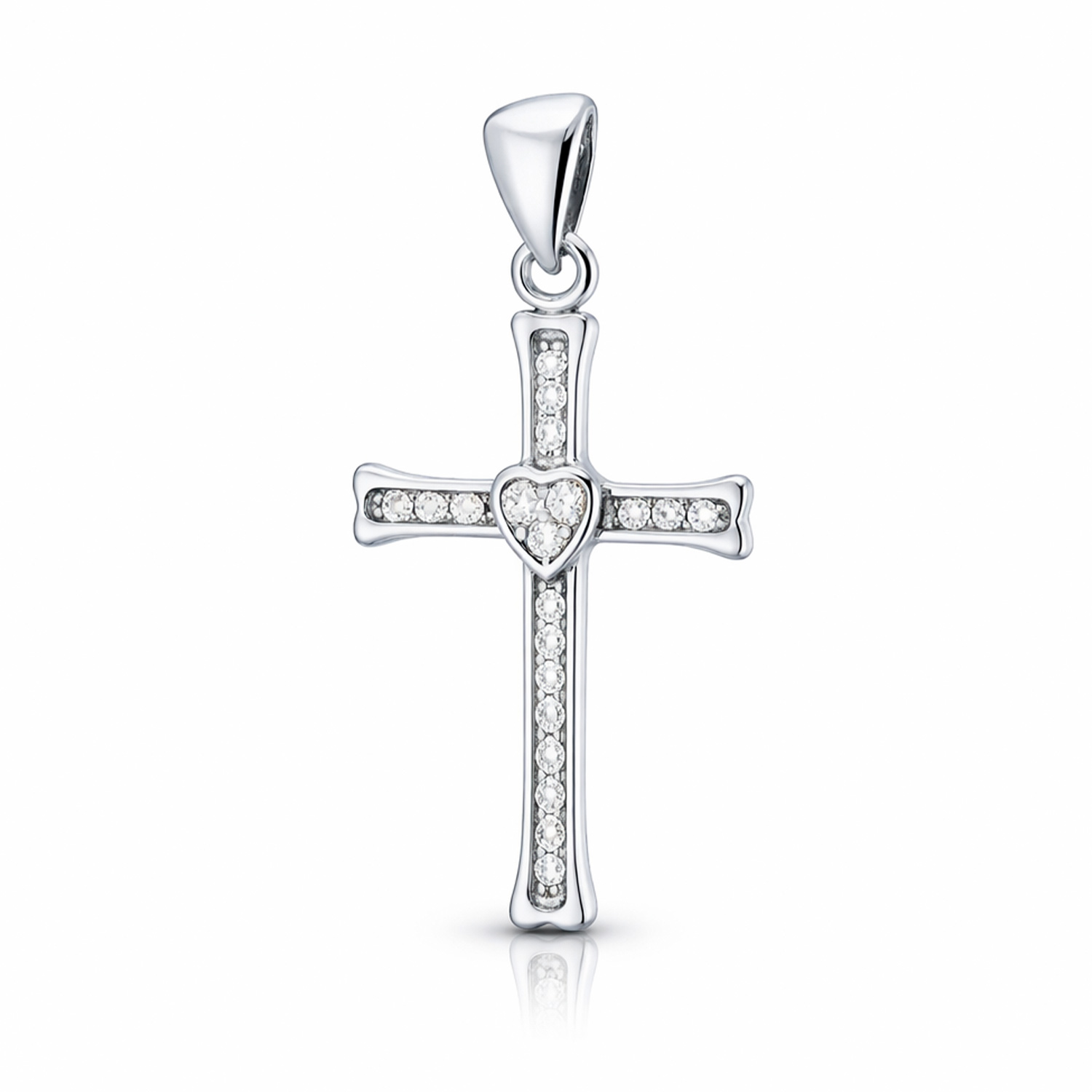 Kreuz-Anhänger aus 925 Silber mit kleinem Herzchen mit Zirkonia + Silberkette 