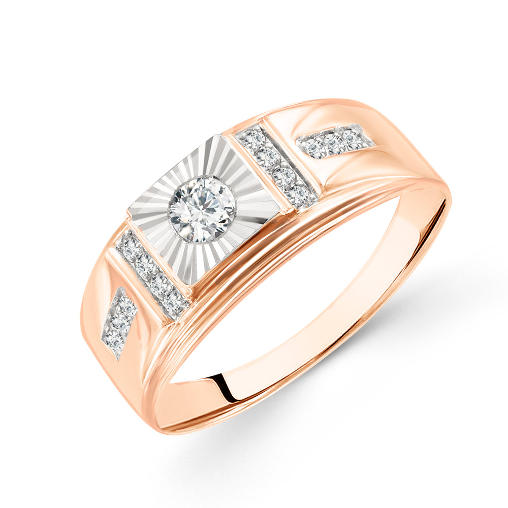 Auffälliger Herrenring, Rotgold 585, rhodinierter, mit Diamant-Facetten und 13 Zirkonia, Frontbreite ca. 8 mm