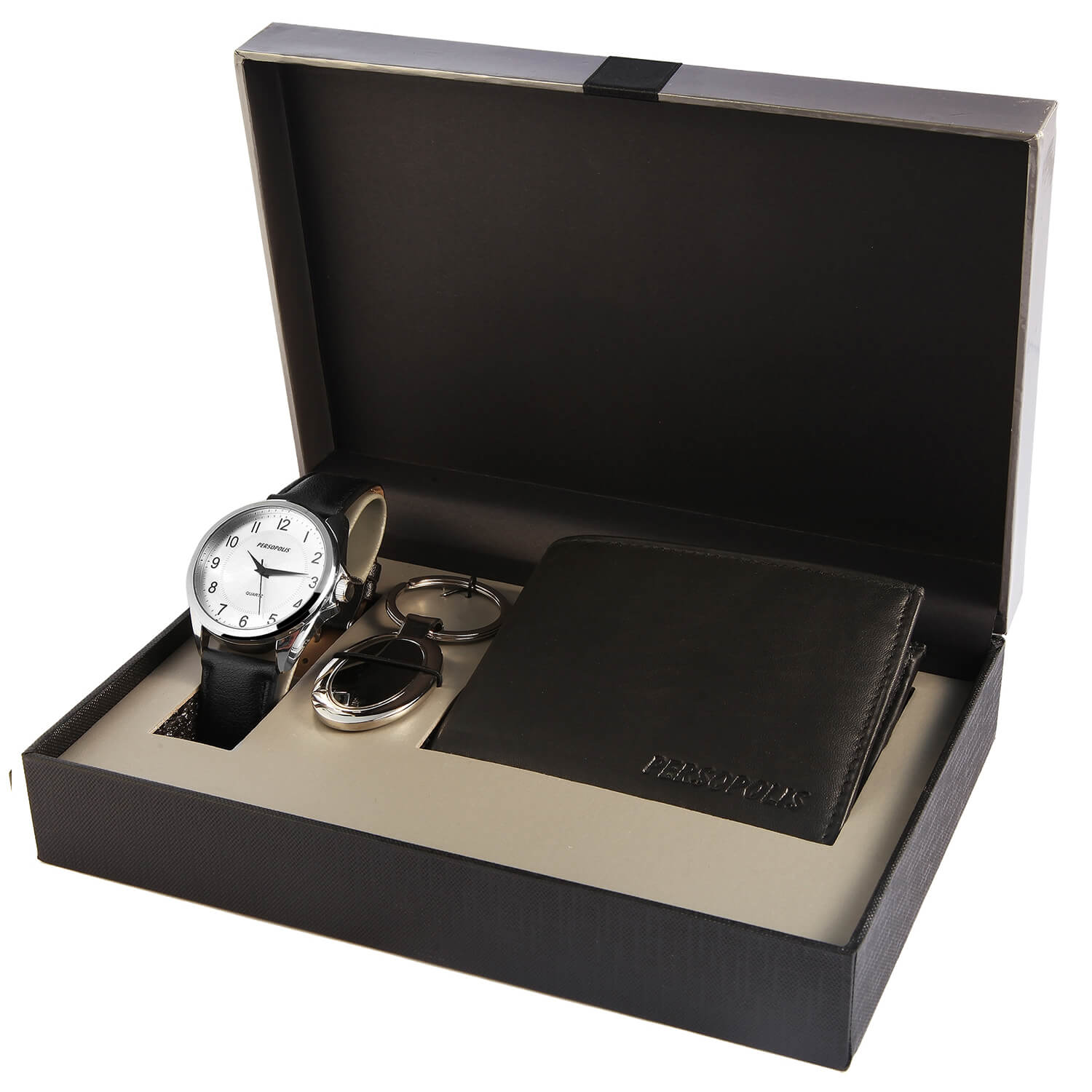PERSOPOLIS Herren – Geschenkset mit Armbanduhr Schlüsselanhänger und Geldbörse aus echtem Leder