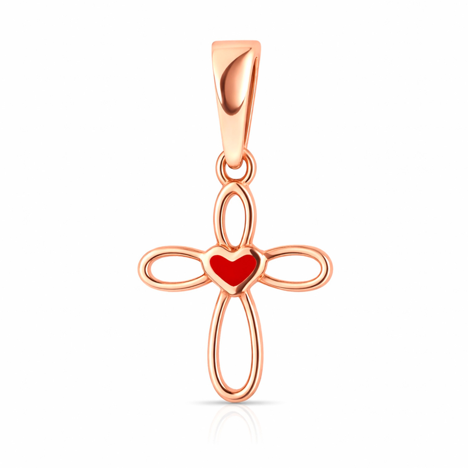 Kreuz-Anhänger aus 585 Rotgold mit kleinem roten Herzchen