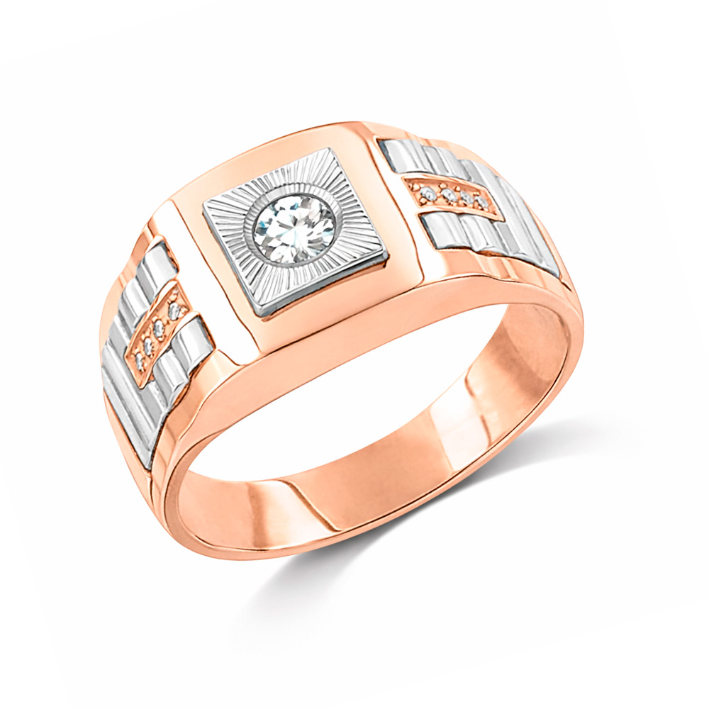 Erstklassiger Herrenring, Rotgold 585, mit Zirkonia, Gewicht ca. 8,5 g.