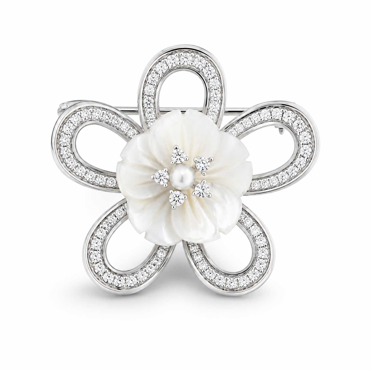 Elegante Blumenbrosche aus 925er Silber mit Zirkonia, Perle und Perlmutt