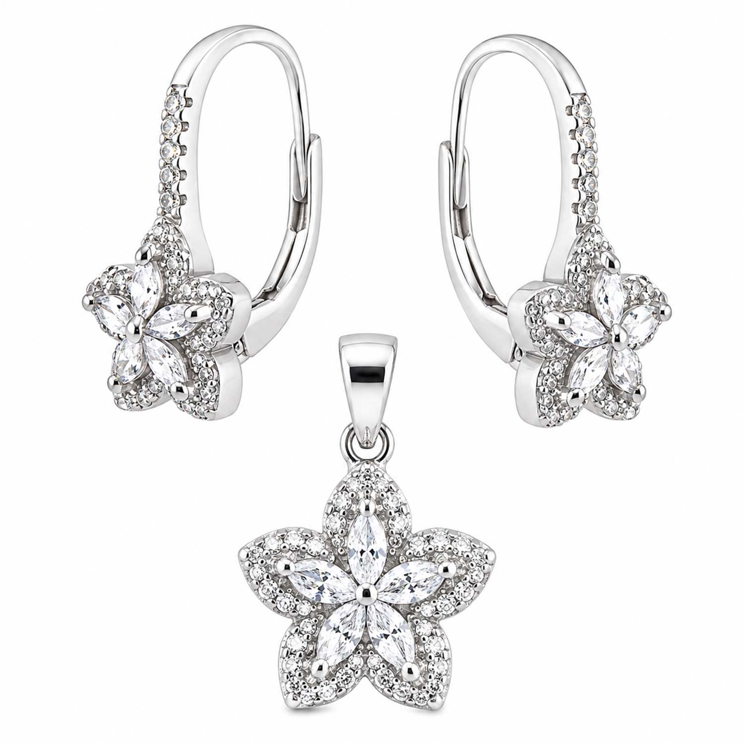 Schmuckset aus 925 Silber: sternförmige Ohrringe & Anhänger mit Zirkonia